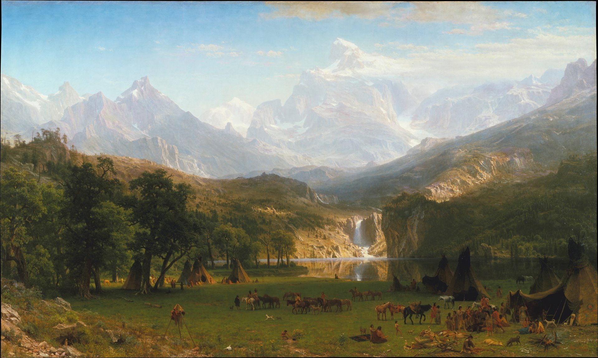 Albert Bierstadt’ın Rocky Dağları’nda Lander Zirvesi adlı geniş dağ manzarası.