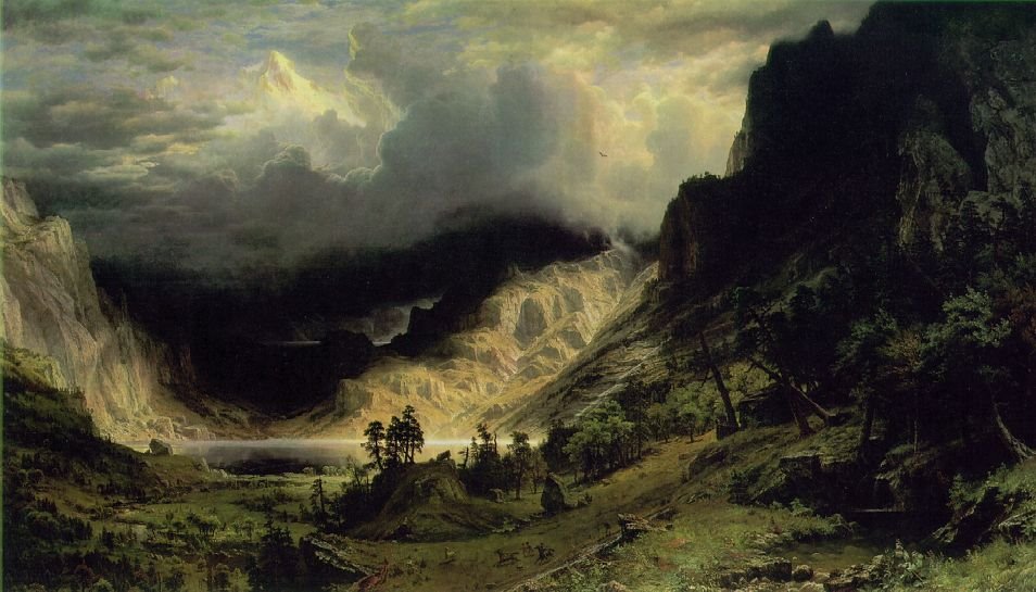 Albert Bierstadt’ın Rocky Dağları’ndaki fırtınayı gösteren tablosu.