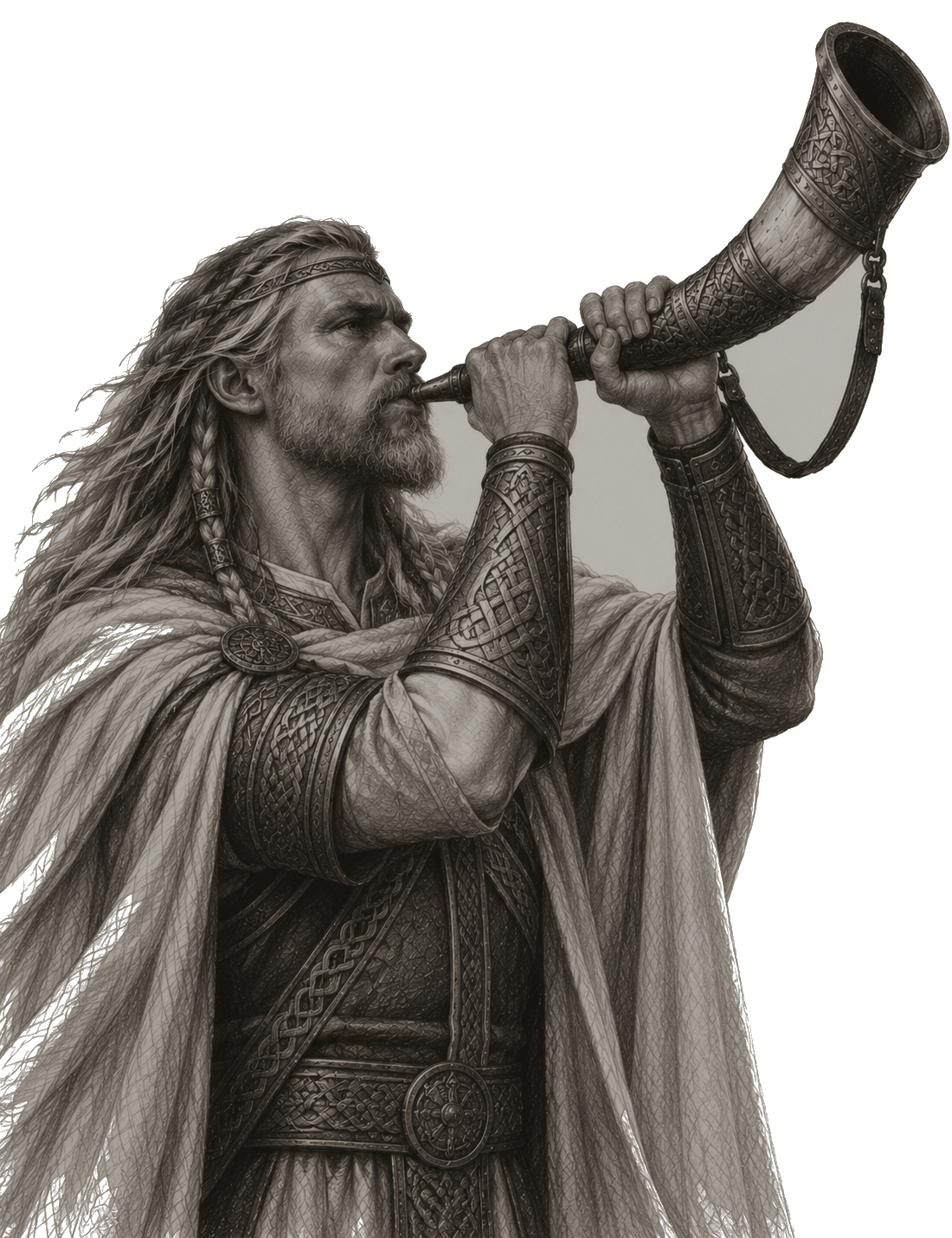 Gjallarhorn’u çalan Heimdall’in karakalem portresi.