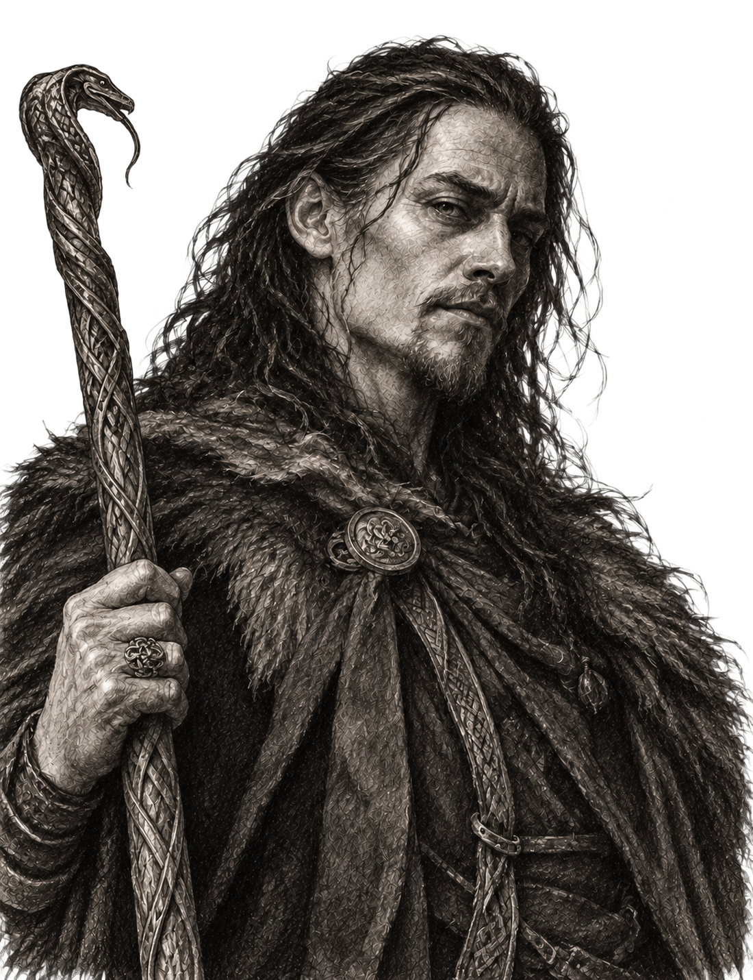 Yılan başlı bir asa tutan Loki’nin uzun saçlı karakalem portresi.