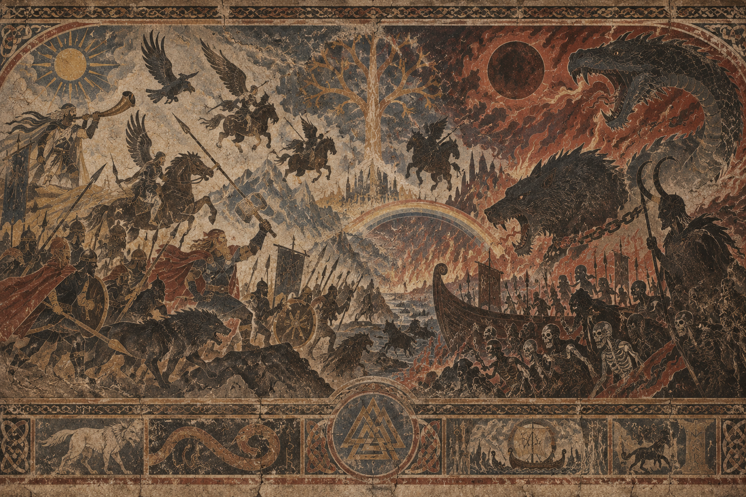 Ragnarök’ü, savaşan orduları, Fenrir’i, Jörmungandr’ı ve Bifröst’ü betimleyen duvar resmi üslubunda illüstrasyon.