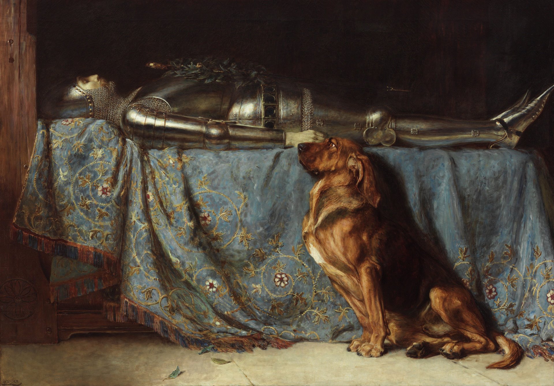 Briton Rivière’in Requiescat tablosunda yatağında yatan zırhlı şövalye ve yanında bekleyen köpek.