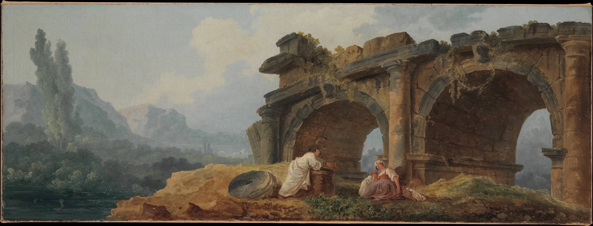 Hubert Robert’ın, bitkilerle çevrili antik kemer kalıntılarını gösteren tablosu.